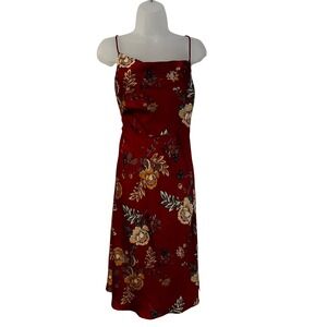 Here Comes The Sun Silky Burgundy Floral Satin Cowl Neck Midi Dress Womens Small